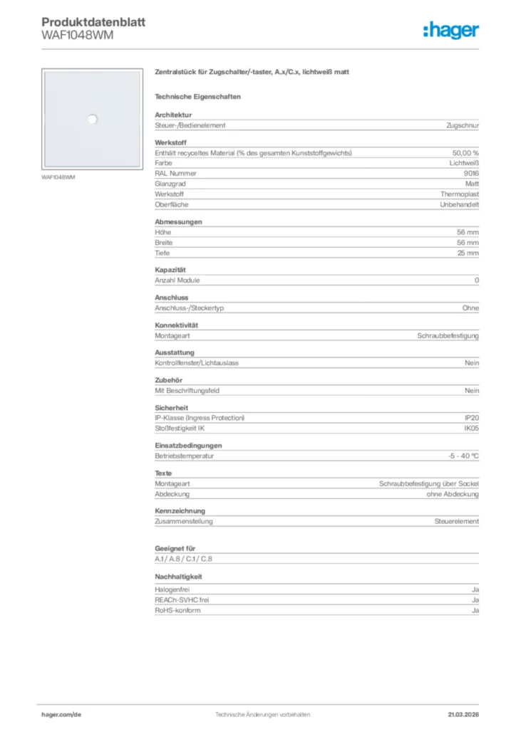 Bild Hager Produktdatenblatt WAF1048WM | Hager Deutschland