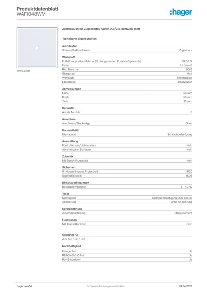 Bild Hager Produktdatenblatt WAF1048WM | Hager Deutschland