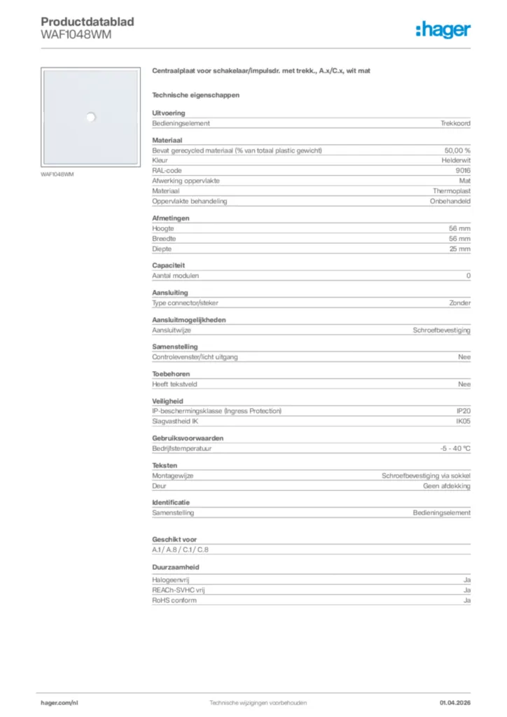 Afbeelding Hager Productdatablad WAF1048WM | Hager Nederland