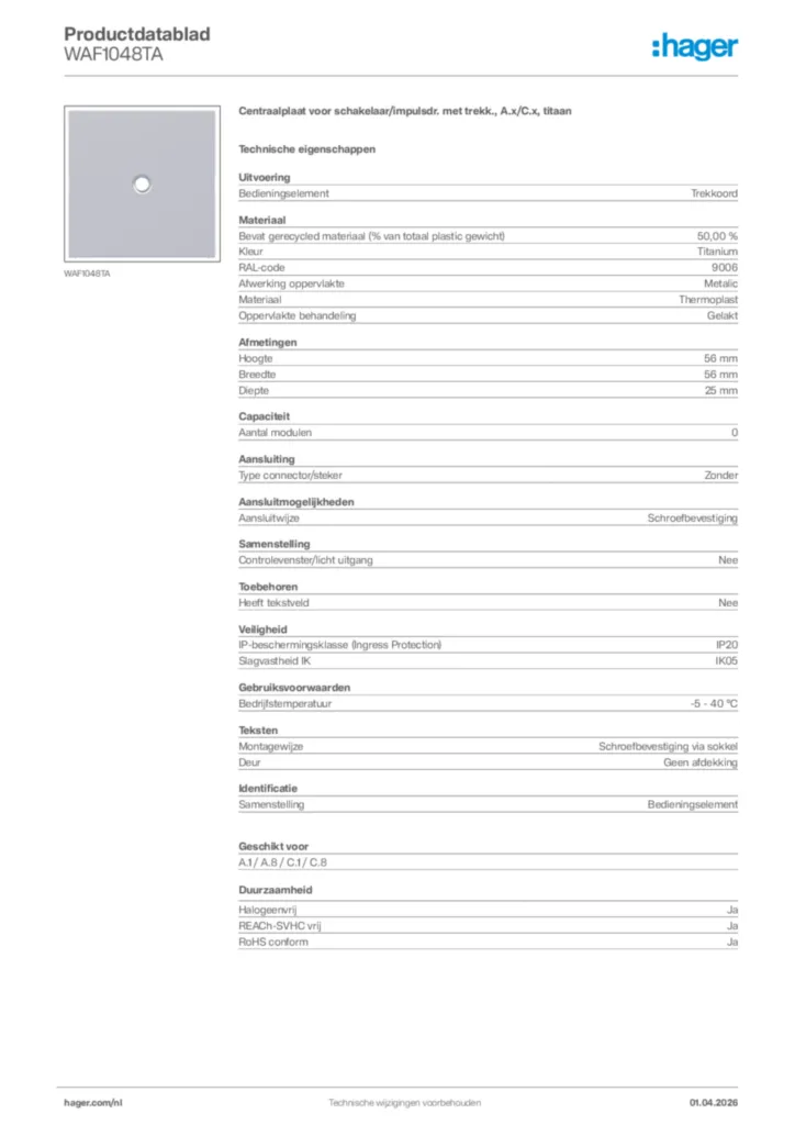 Afbeelding Hager Productdatablad WAF1048TA | Hager Nederland