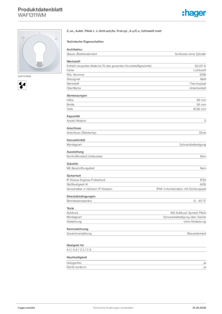 Bild Hager Produktdatenblatt WAF1311WM | Hager Deutschland
