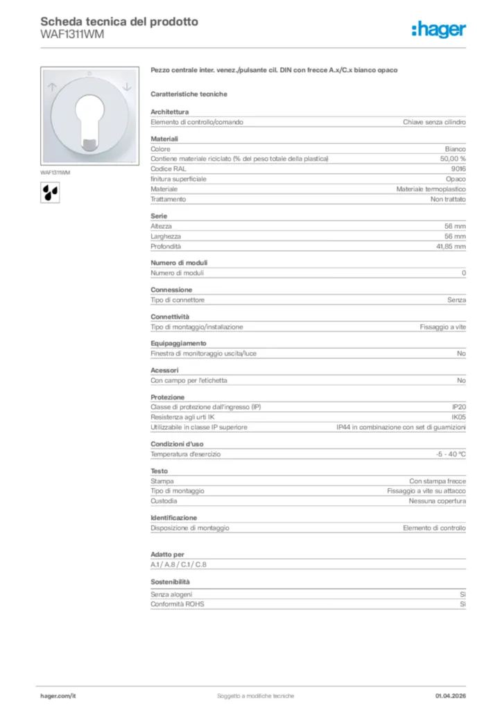 Immagine Hager Scheda tecnica del prodotto WAF1311WM | Hager Italia