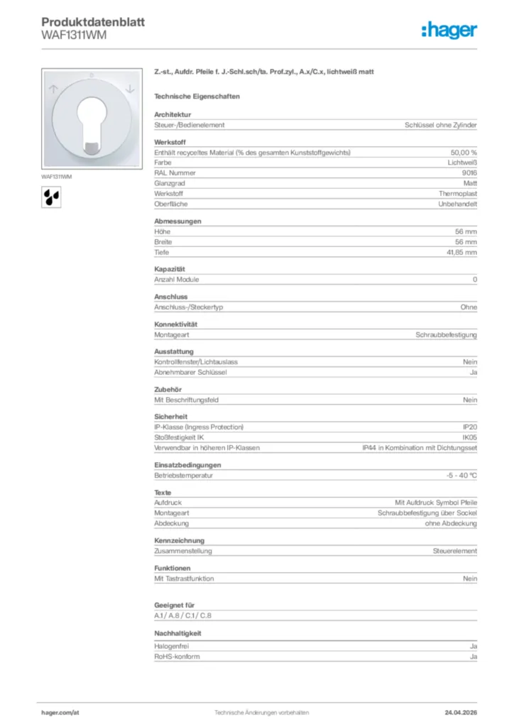 Bild Hager Produktdatenblatt WAF1311WM | Hager Deutschland