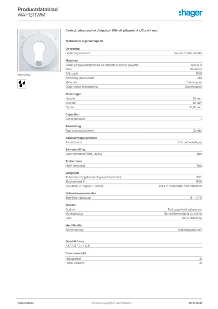 Afbeelding Hager Productdatablad WAF1311WM | Hager Nederland