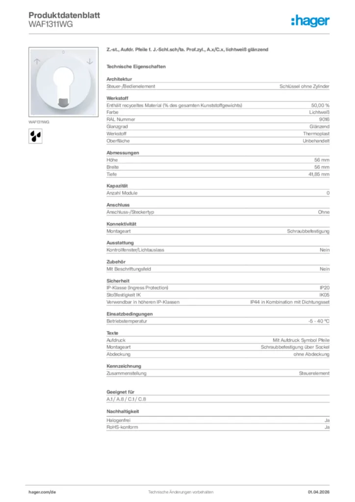 Bild Hager Produktdatenblatt WAF1311WG | Hager Deutschland