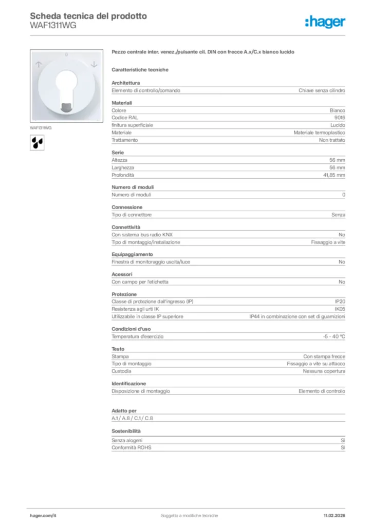 Immagine Hager Scheda tecnica del prodotto WAF1311WG | Hager Italia