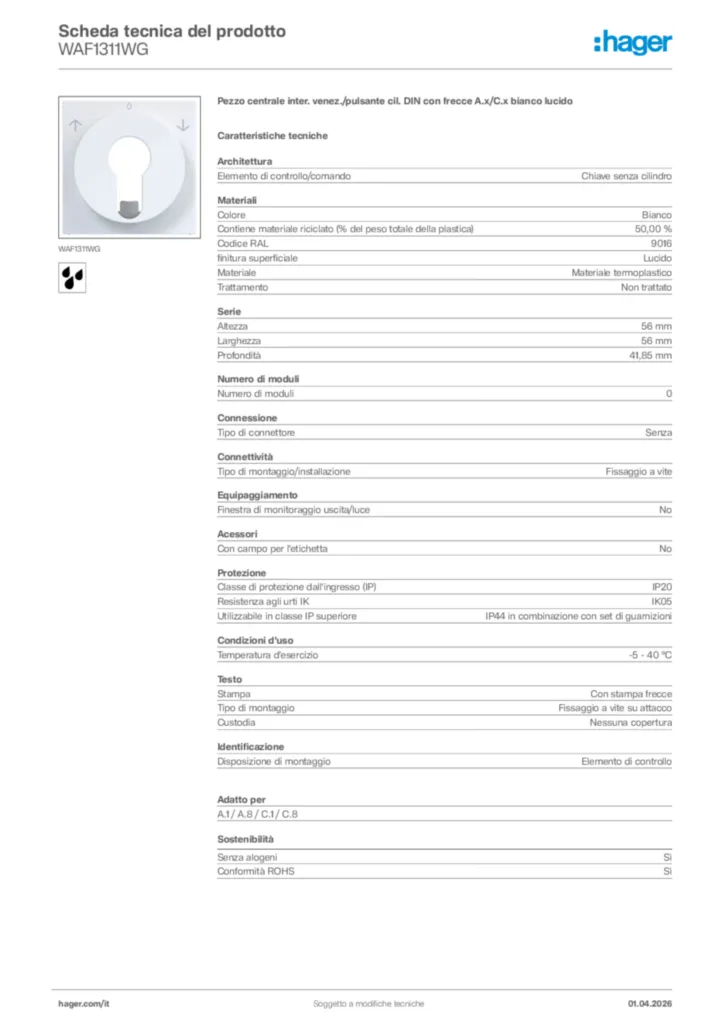 Immagine Hager Scheda tecnica del prodotto WAF1311WG | Hager Italia