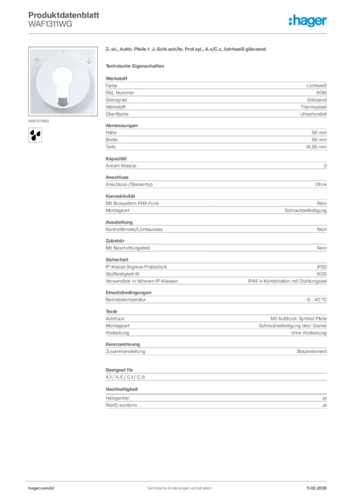 Bild Hager Produktdatenblatt WAF1311WG | Hager Deutschland