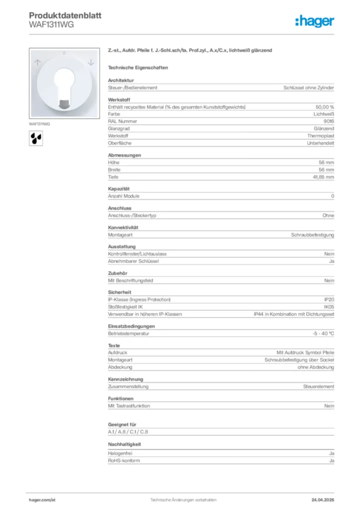 Bild Hager Produktdatenblatt WAF1311WG | Hager Deutschland