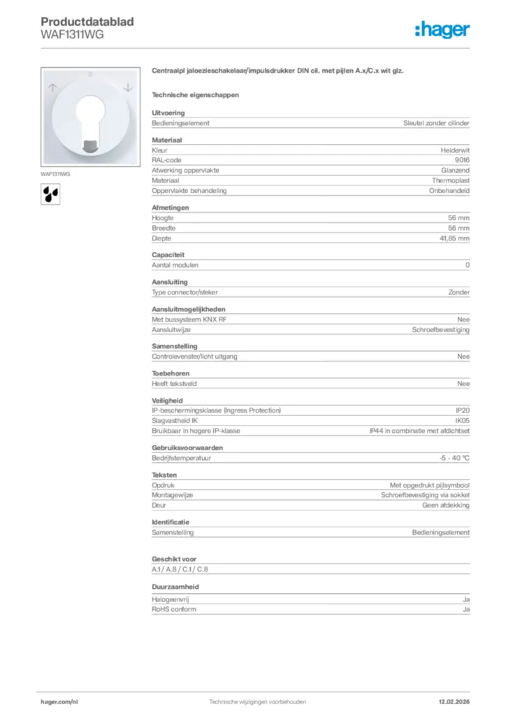 Afbeelding Hager Productdatablad WAF1311WG | Hager Nederland