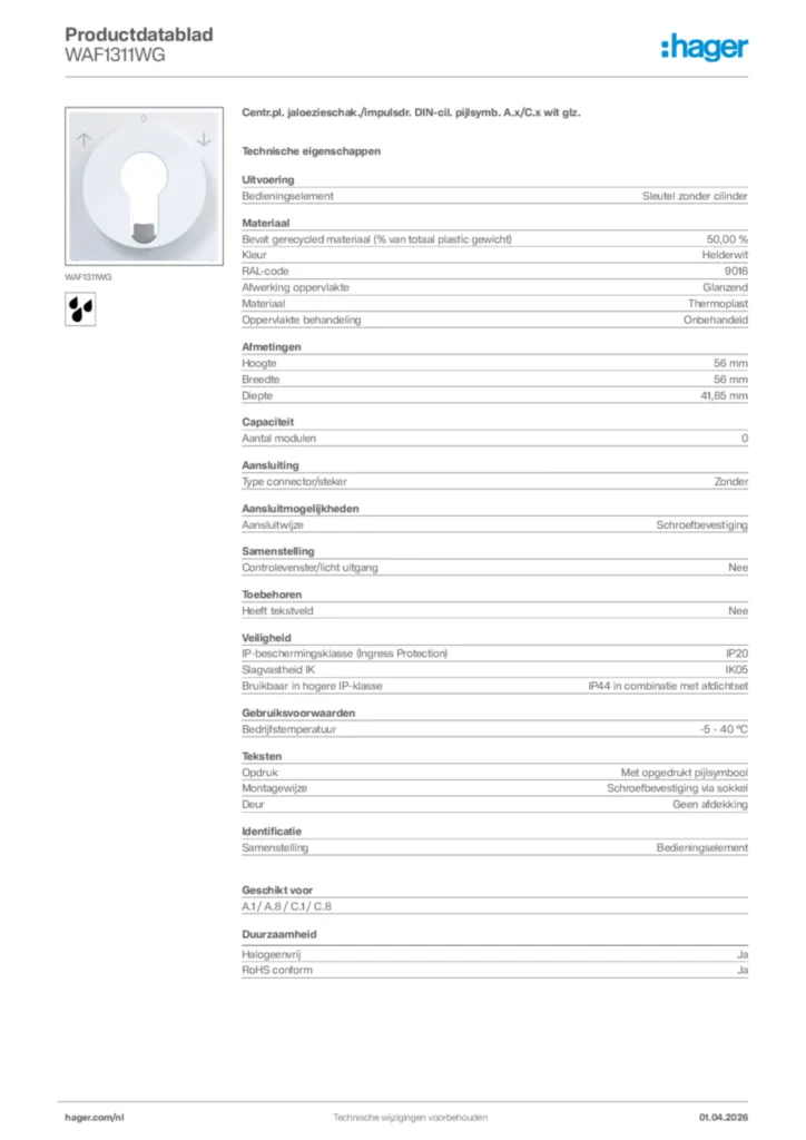 Afbeelding Hager Productdatablad WAF1311WG | Hager Nederland