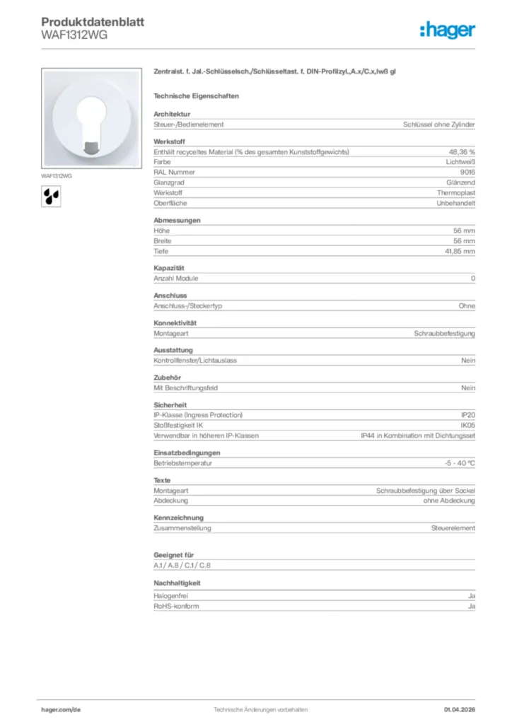 Bild Hager Produktdatenblatt WAF1312WG | Hager Deutschland