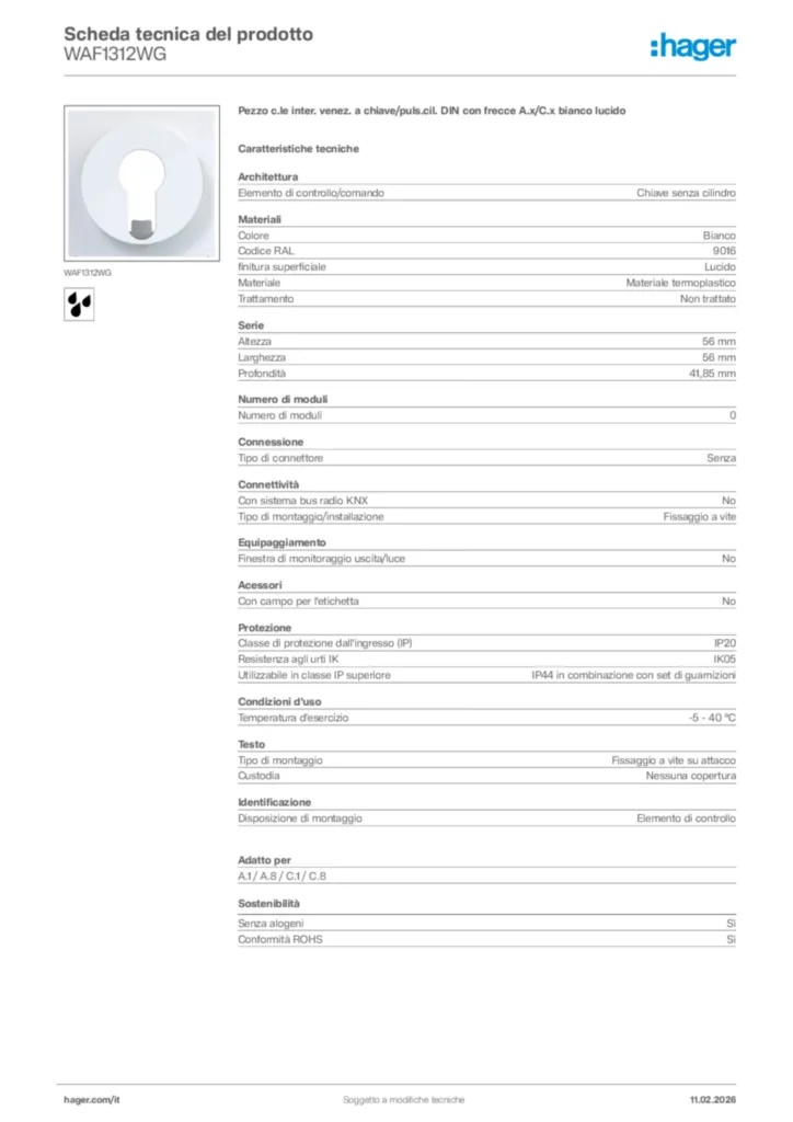 Immagine Hager Scheda tecnica del prodotto WAF1312WG | Hager Italia