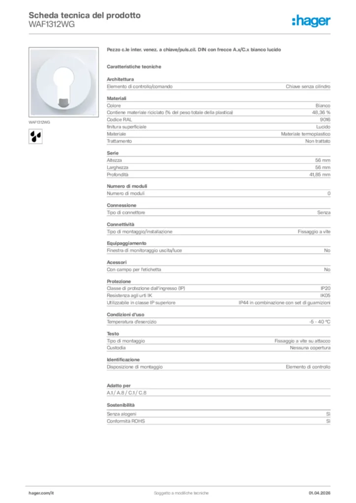 Immagine Hager Scheda tecnica del prodotto WAF1312WG | Hager Italia