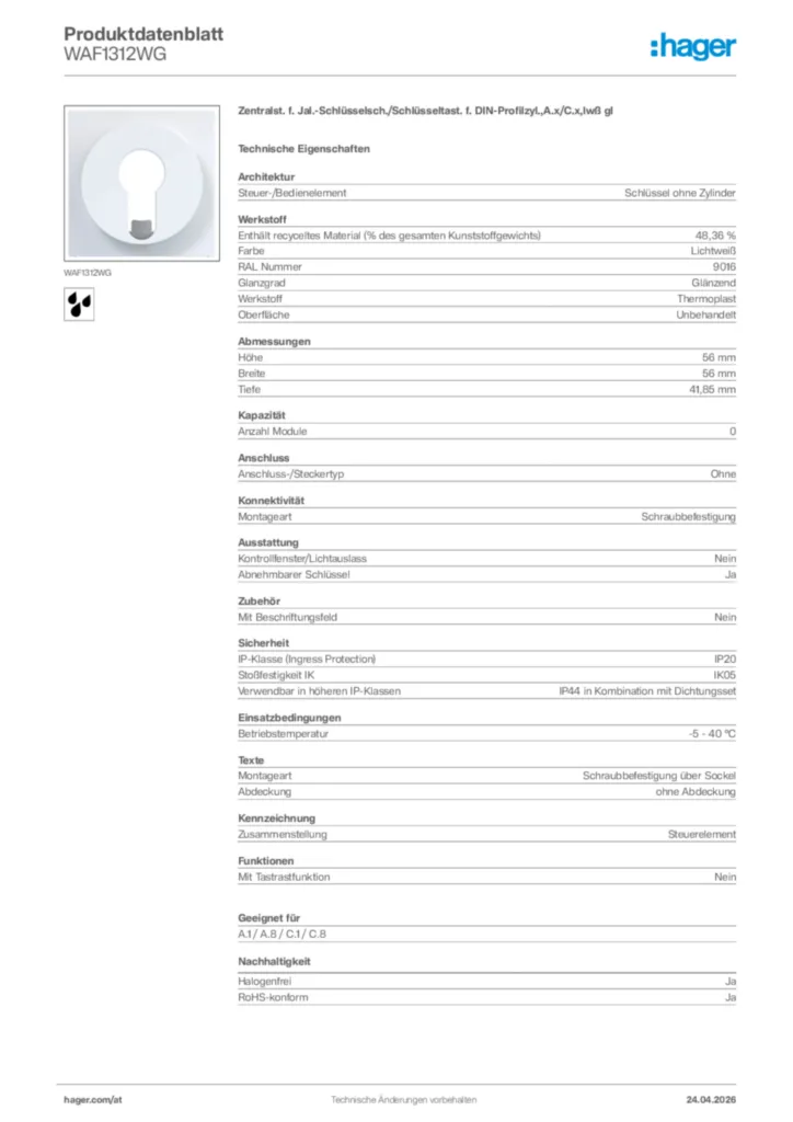 Bild Hager Produktdatenblatt WAF1312WG | Hager Deutschland