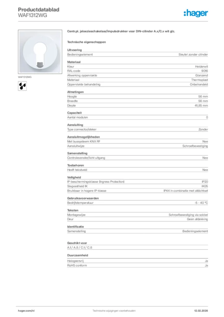 Afbeelding Hager Productdatablad WAF1312WG | Hager Nederland