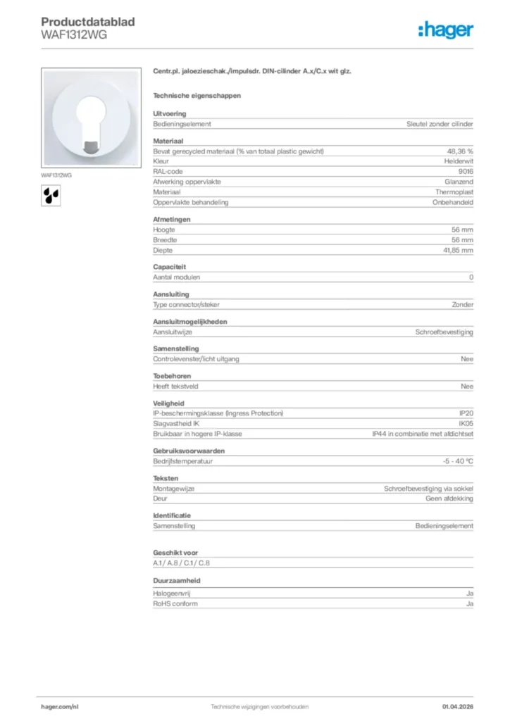 Afbeelding Hager Productdatablad WAF1312WG | Hager Nederland