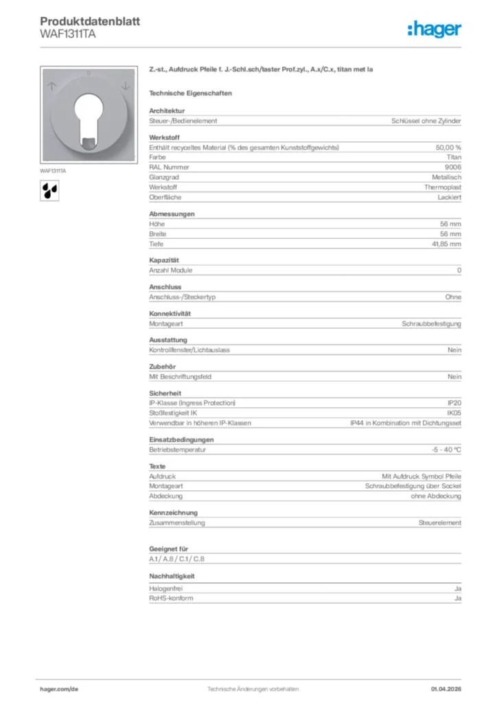 Bild Hager Produktdatenblatt WAF1311TA | Hager Deutschland