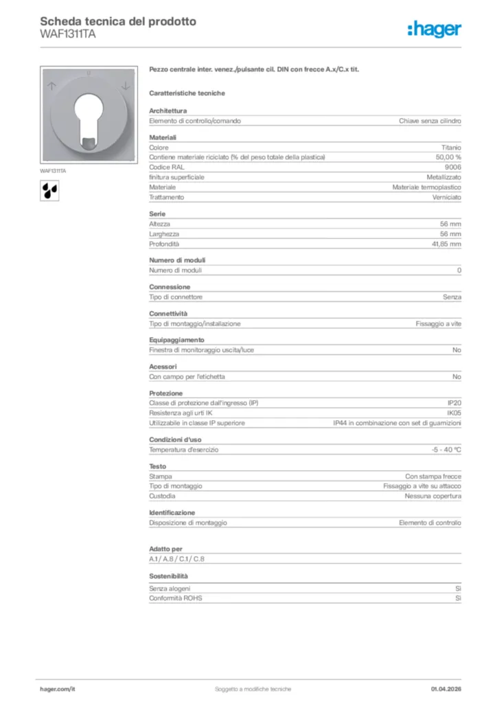 Immagine Hager Scheda tecnica del prodotto WAF1311TA | Hager Italia