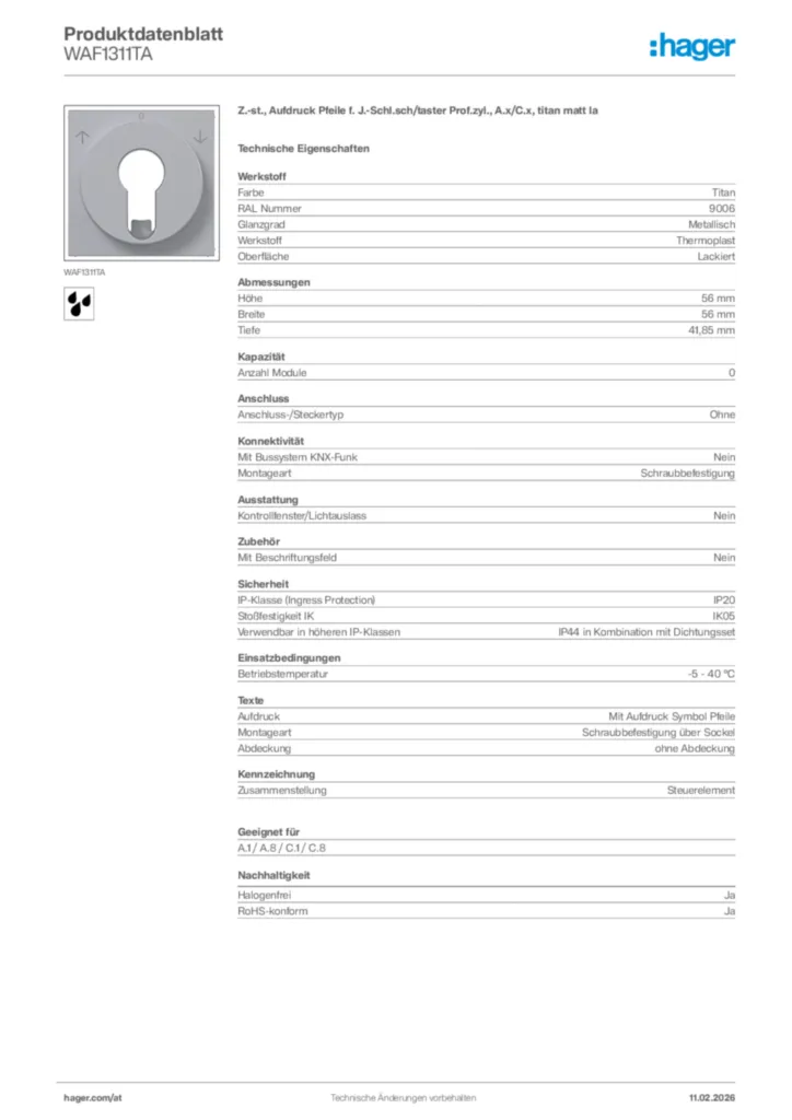 Bild Hager Produktdatenblatt WAF1311TA | Hager Deutschland