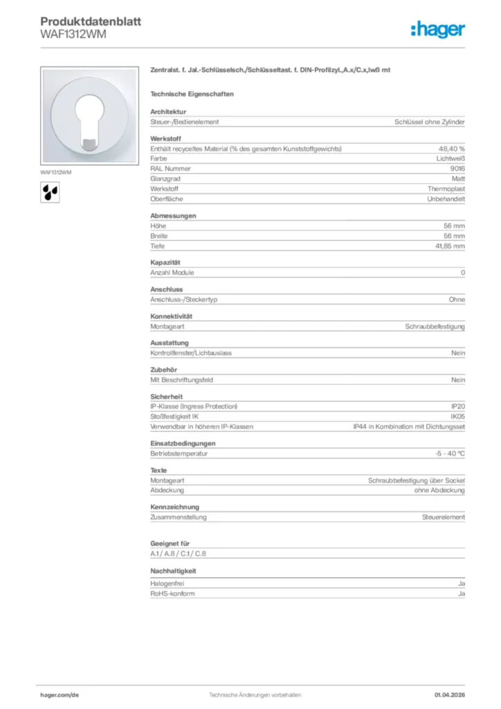 Bild Hager Produktdatenblatt WAF1312WM | Hager Deutschland