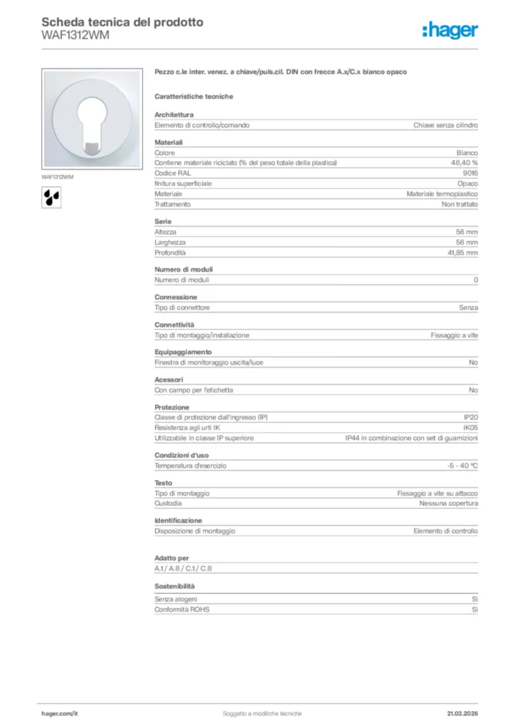 Immagine Hager Scheda tecnica del prodotto WAF1312WM | Hager Italia