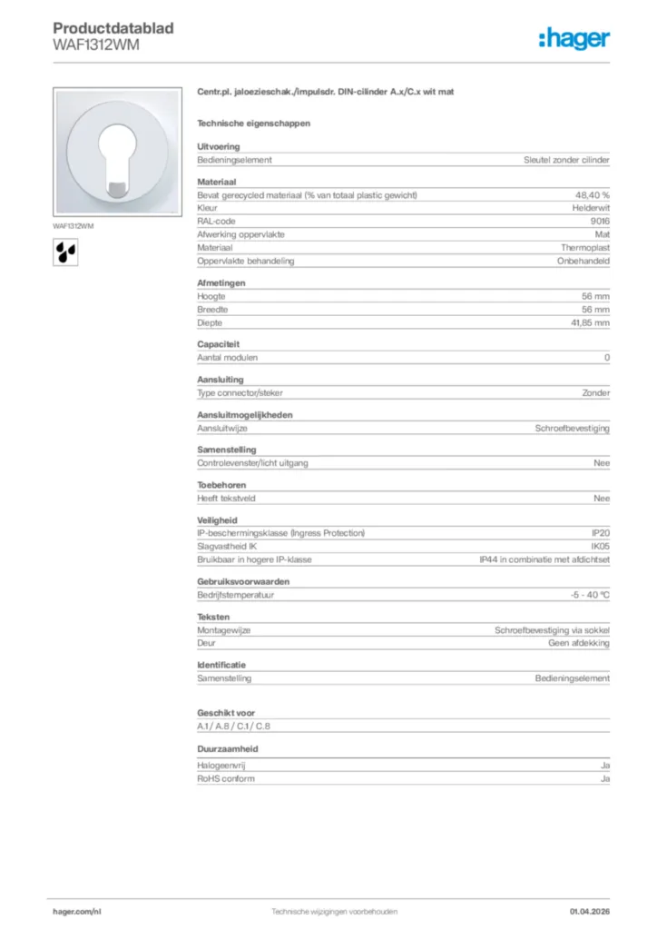 Afbeelding Hager Productdatablad WAF1312WM | Hager Nederland