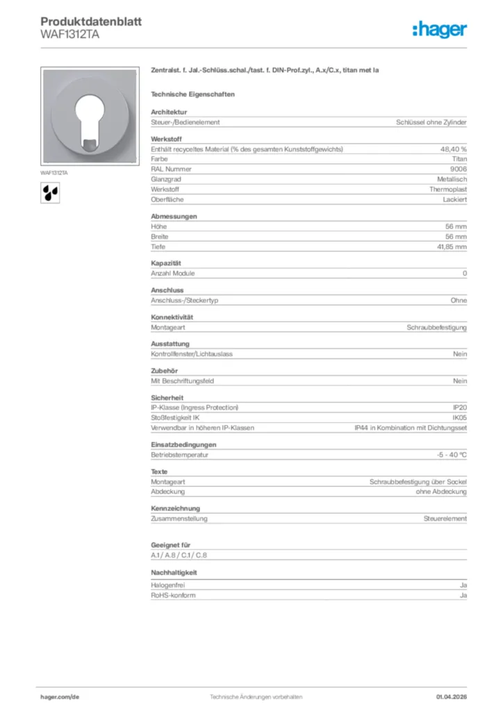 Bild Hager Produktdatenblatt WAF1312TA | Hager Deutschland