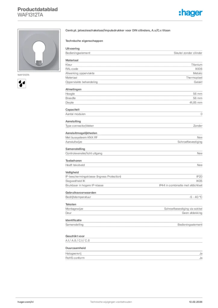 Afbeelding Hager Productdatablad WAF1312TA | Hager Nederland