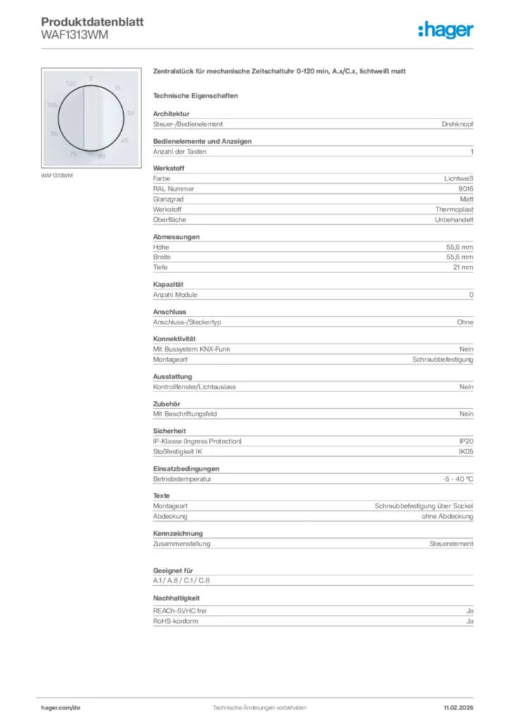 Bild Hager Produktdatenblatt WAF1313WM | Hager Deutschland