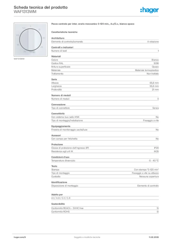 Immagine Hager Scheda tecnica del prodotto WAF1313WM | Hager Italia