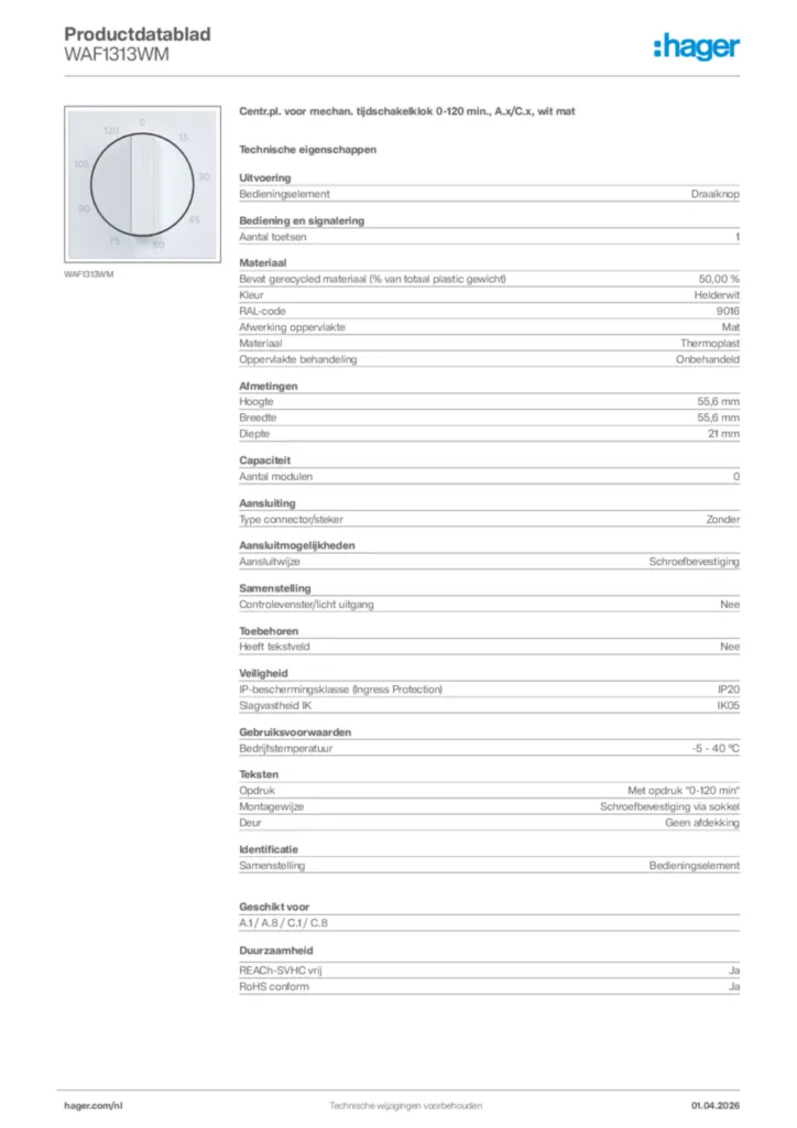 Afbeelding Hager Productdatablad WAF1313WM | Hager Nederland