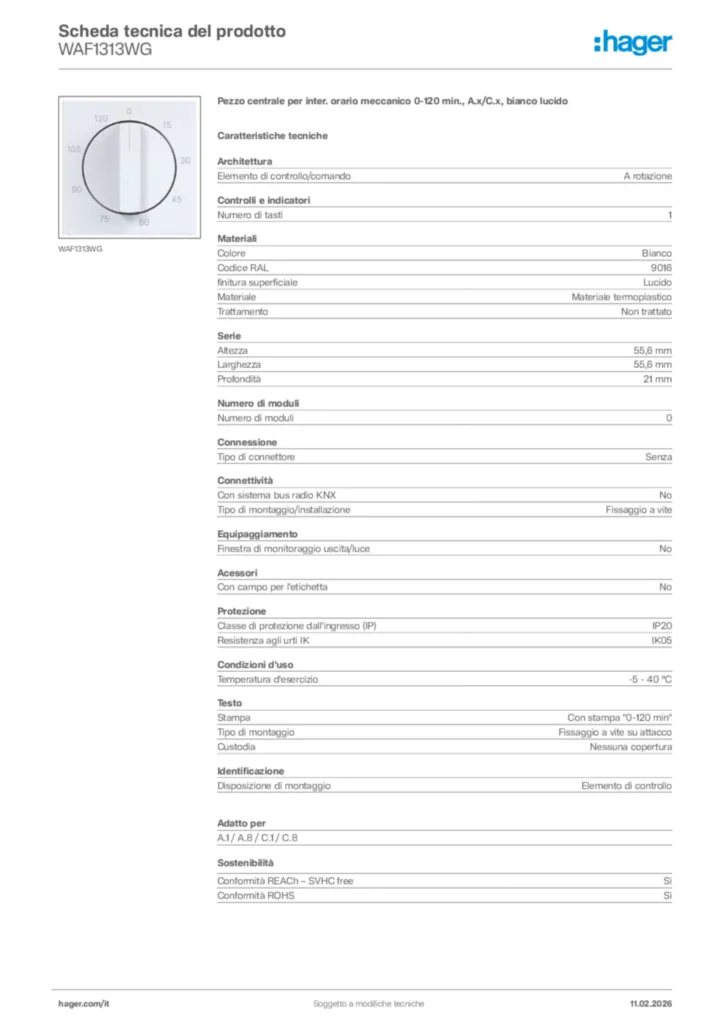Immagine Hager Scheda tecnica del prodotto WAF1313WG | Hager Italia