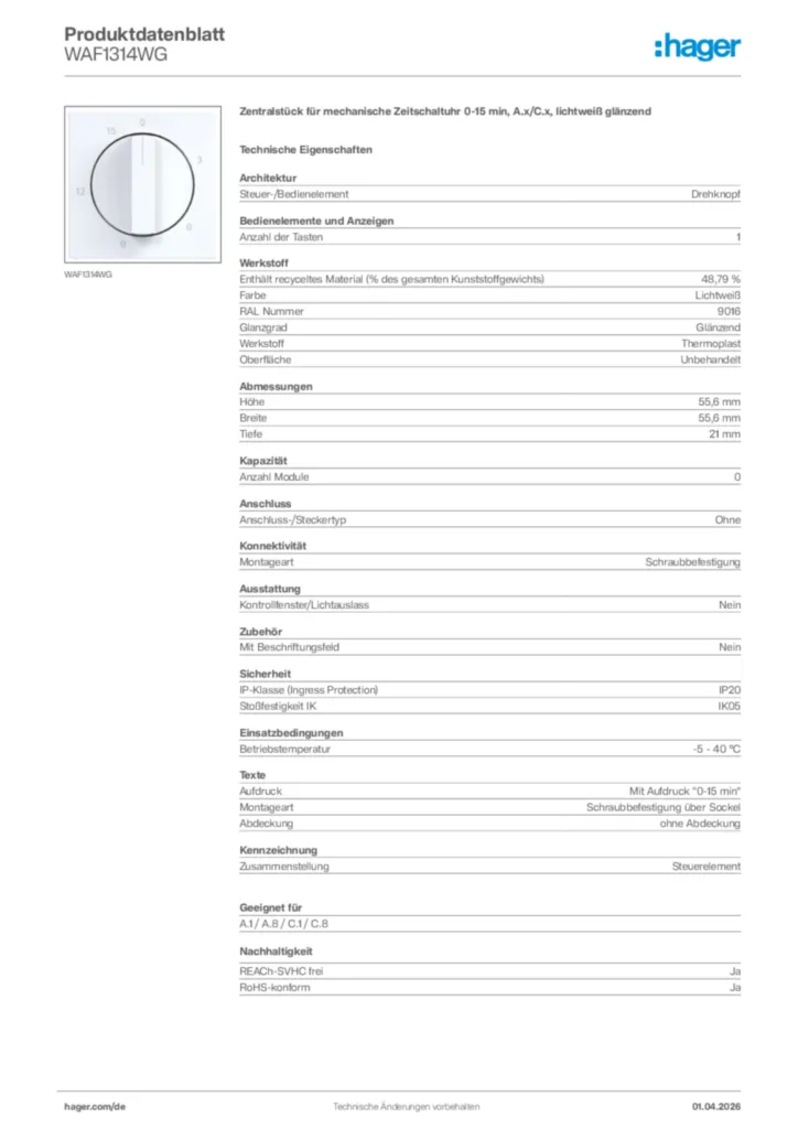 Bild Hager Produktdatenblatt WAF1314WG | Hager Deutschland