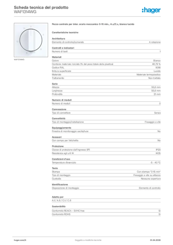 Immagine Hager Scheda tecnica del prodotto WAF1314WG | Hager Italia