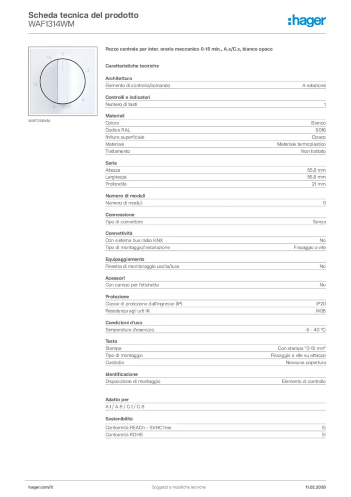 Immagine Hager Scheda tecnica del prodotto WAF1314WM | Hager Italia