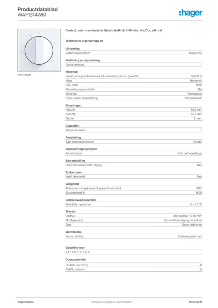 Afbeelding Hager Productdatablad WAF1314WM | Hager Nederland