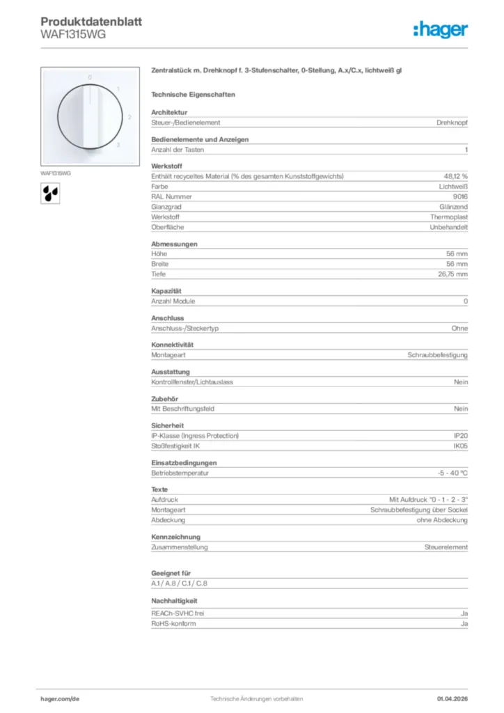 Bild Hager Produktdatenblatt WAF1315WG | Hager Deutschland