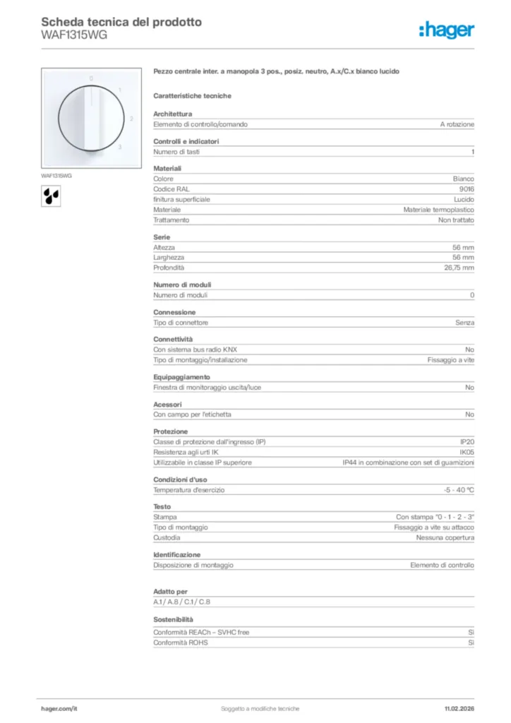 Immagine Hager Scheda tecnica del prodotto WAF1315WG | Hager Italia