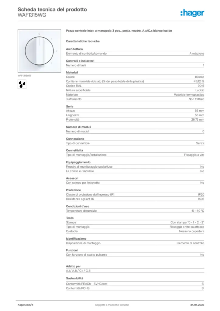 Immagine Hager Scheda tecnica del prodotto WAF1315WG | Hager Italia