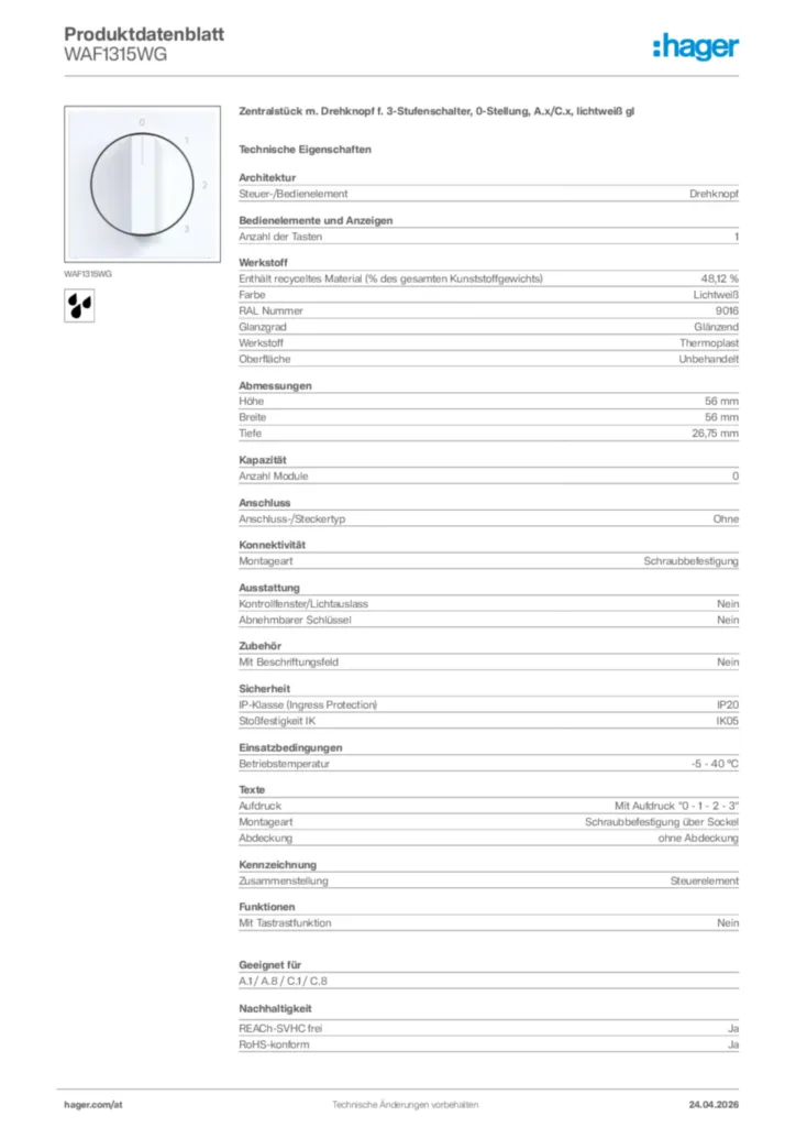 Bild Hager Produktdatenblatt WAF1315WG | Hager Deutschland
