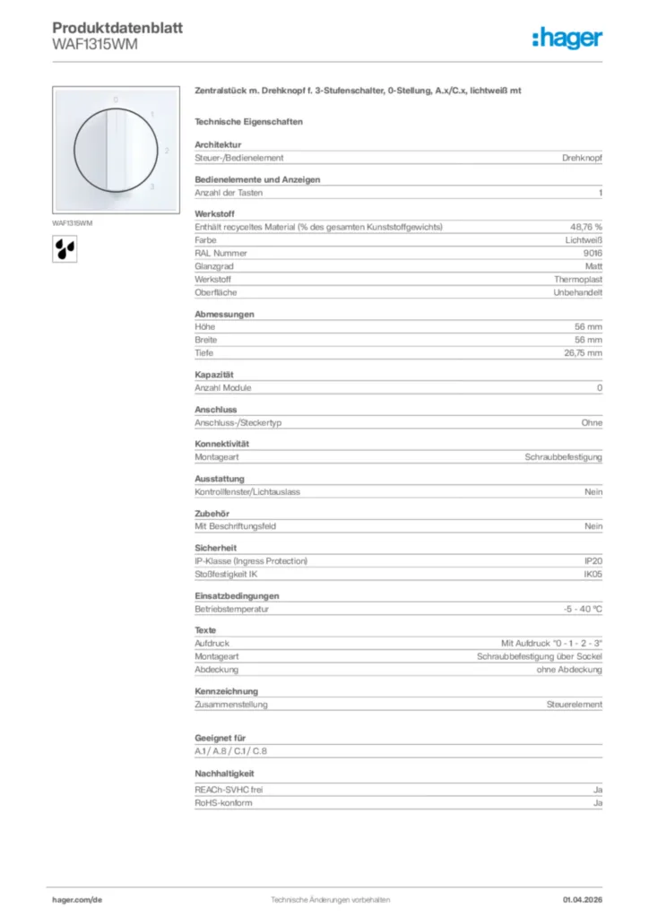 Bild Hager Produktdatenblatt WAF1315WM | Hager Deutschland