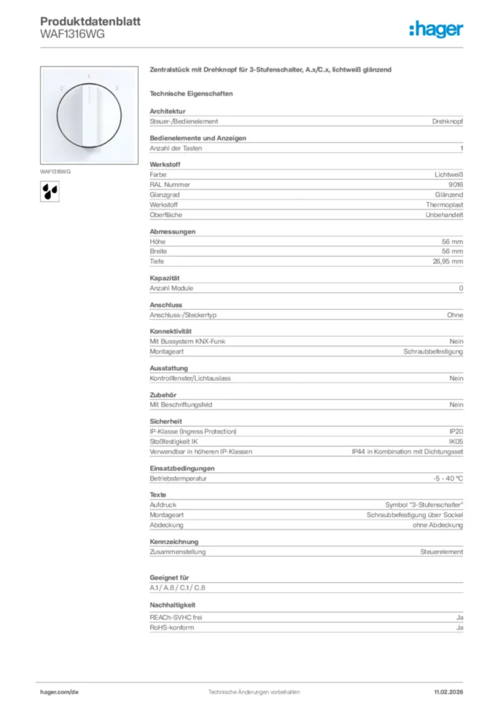 Bild Hager Produktdatenblatt WAF1316WG | Hager Deutschland