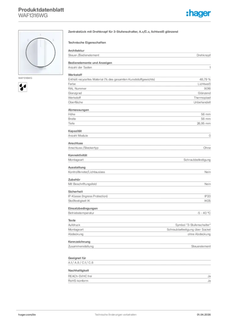 Bild Hager Produktdatenblatt WAF1316WG | Hager Deutschland