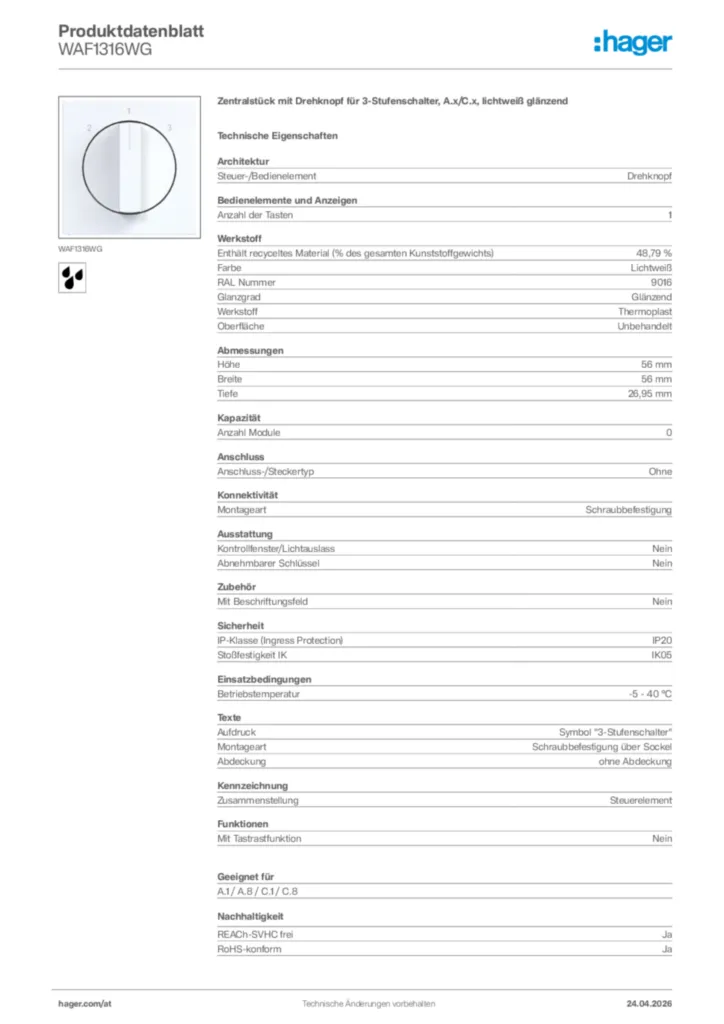 Bild Hager Produktdatenblatt WAF1316WG | Hager Deutschland