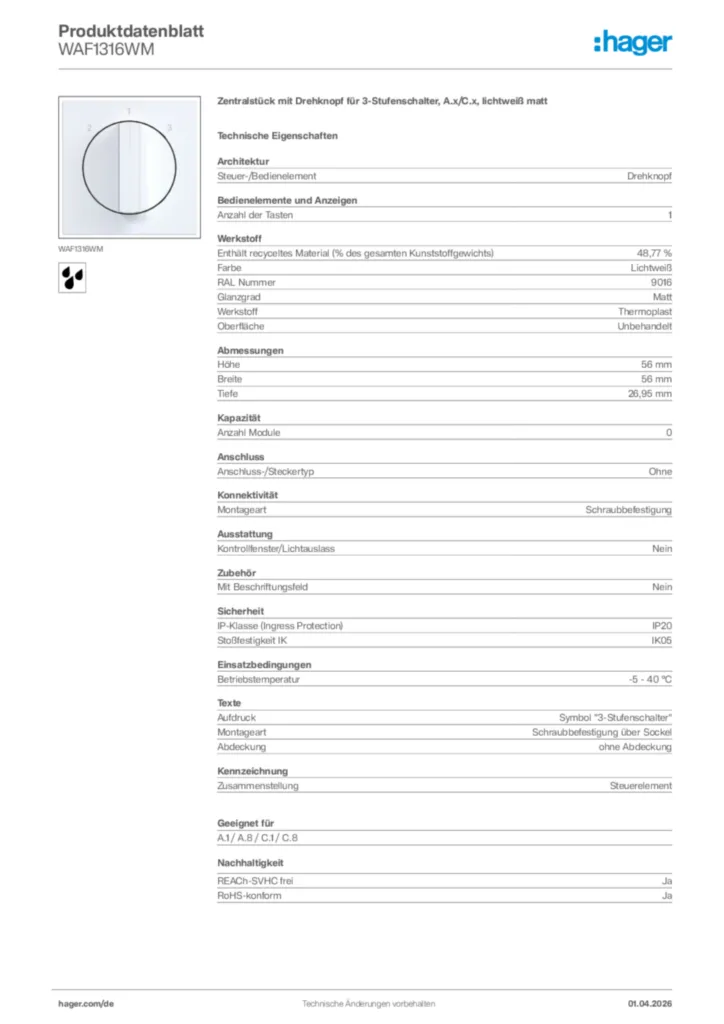 Bild Hager Produktdatenblatt WAF1316WM | Hager Deutschland