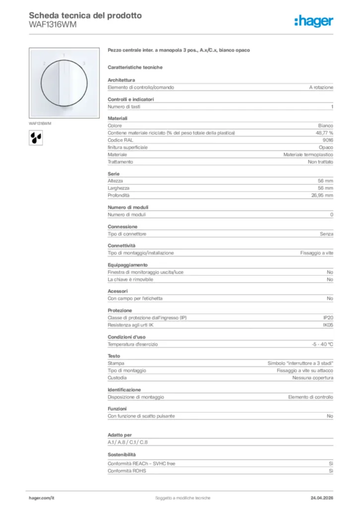Immagine Hager Scheda tecnica del prodotto WAF1316WM | Hager Italia