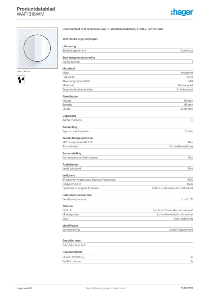 Afbeelding Hager Productdatablad WAF1316WM | Hager Nederland