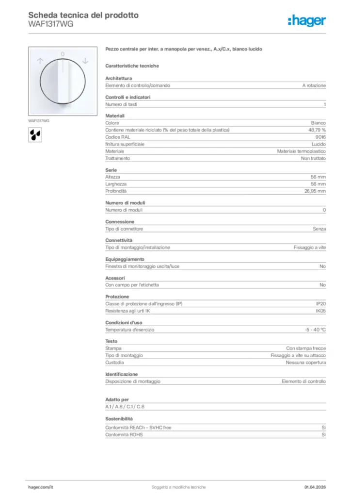 Immagine Hager Scheda tecnica del prodotto WAF1317WG | Hager Italia