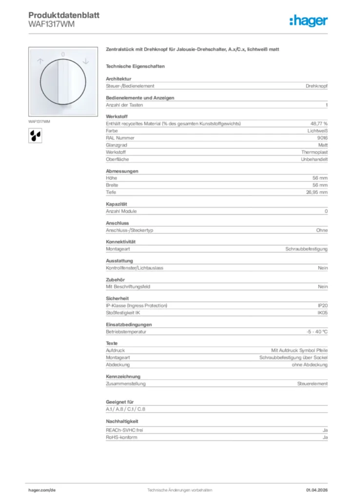Bild Hager Produktdatenblatt WAF1317WM | Hager Deutschland